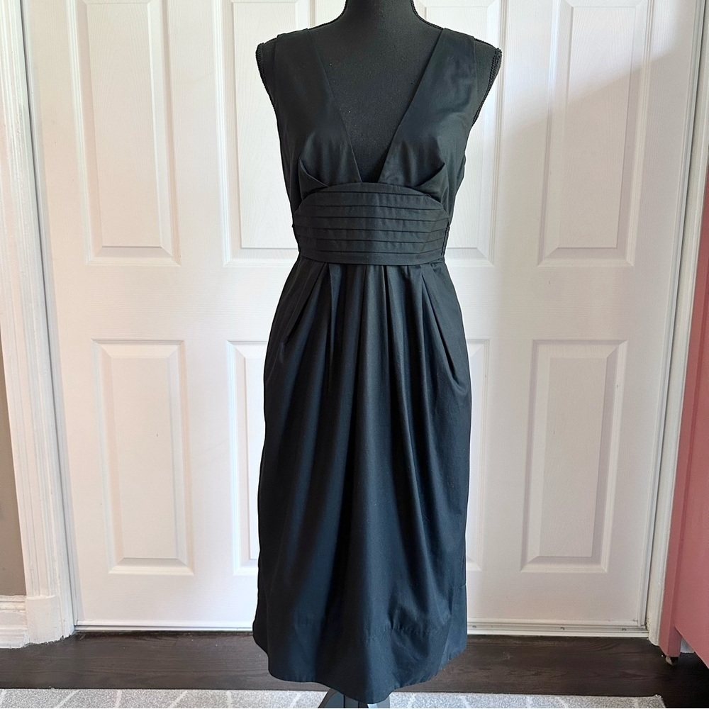 French Connection Black Cotton Pleated Waist Cocktail Dress